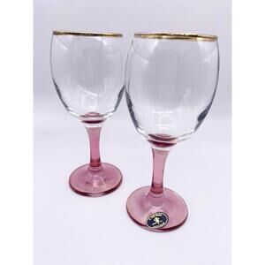 Italy Vintage Pink Wine Glass Cristalleria Fumo Pink Stem Gold Rim Handmade